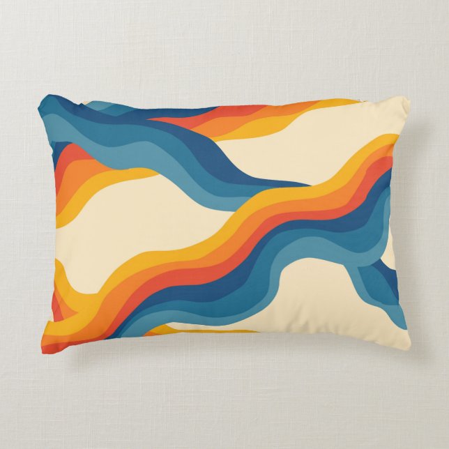 Abstract 70s Retro Orange Blue Wavy Stripe Pattern Accent Pillow (Front)
