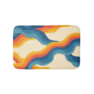 Abstract 70s Retro Orange Blue Wavy Stripe Pattern Bath Mat