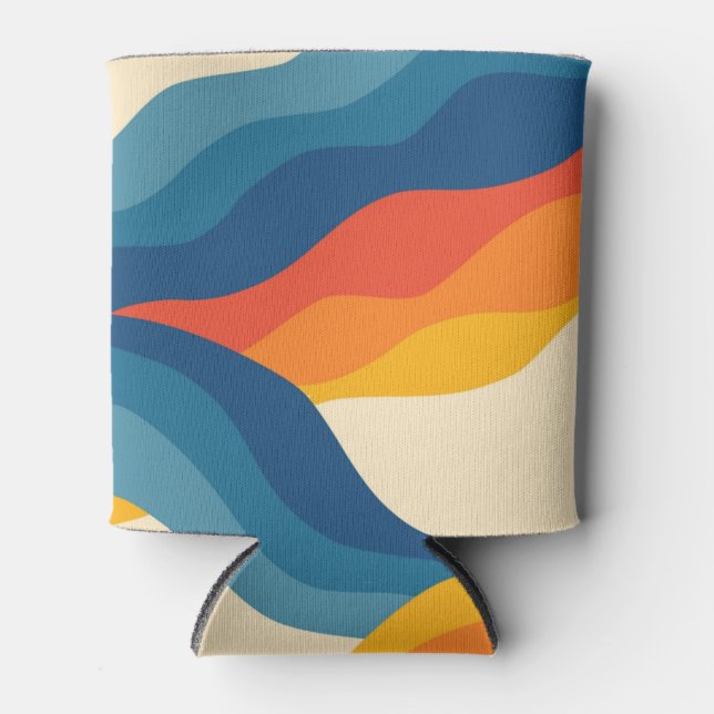 Abstract 70s Retro Orange Blue Wavy Stripe Pattern Can Cooler (Front)