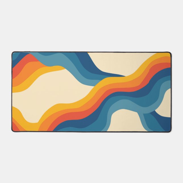 Abstract 70s Retro Orange Blue Wavy Stripe Pattern Desk Mat (Front)