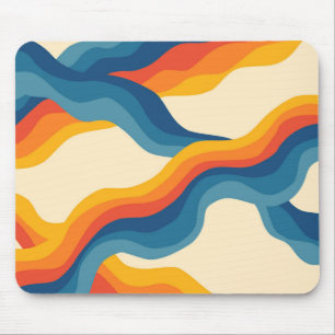 Abstract 70s Retro Orange Blue Wavy Stripe Pattern Mouse Pad