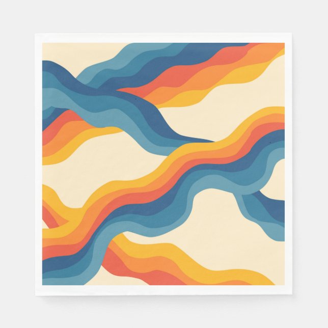 Abstract 70s Retro Orange Blue Wavy Stripe Pattern Napkin (Front)