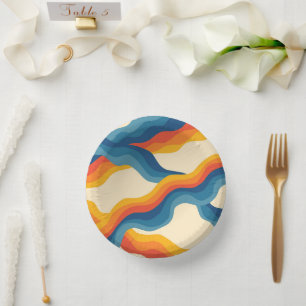 Abstract 70s Retro Orange Blue Wavy Stripe Pattern Paper Plate