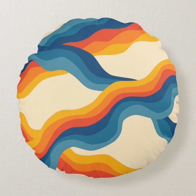 Abstract 70s Retro Orange Blue Wavy Stripe Pattern Round Pillow (Front)