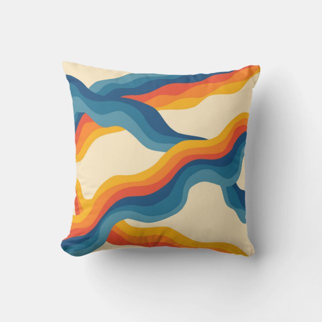 Abstract 70s Retro Orange Blue Wavy Stripe Pattern Throw Pillow (Front)