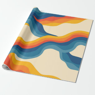 Abstract 70s Retro Orange Blue Wavy Stripe Pattern Wrapping Paper