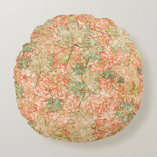 Abstract acer leaves upon scratched coral ground round pillow