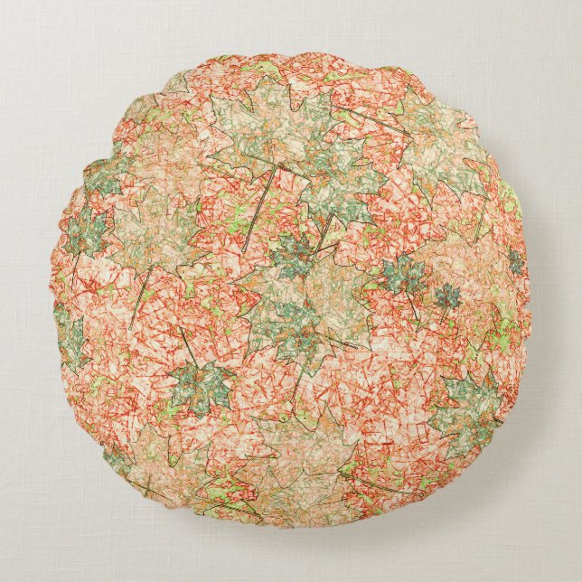 Abstract acer leaves upon scratched coral ground round pillow (Front)