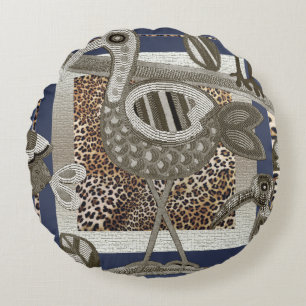 Abstract African Jungle Birds Round Pillow