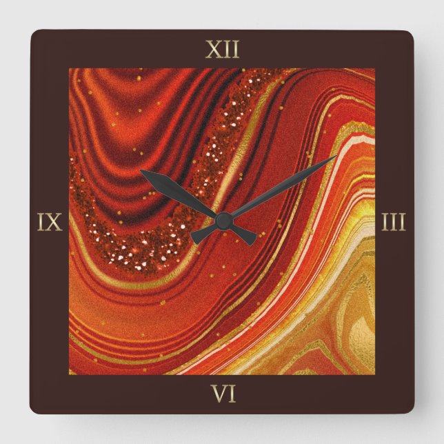 Abstract Agate Hot Orange ID827 Square Wall Clock (Front)