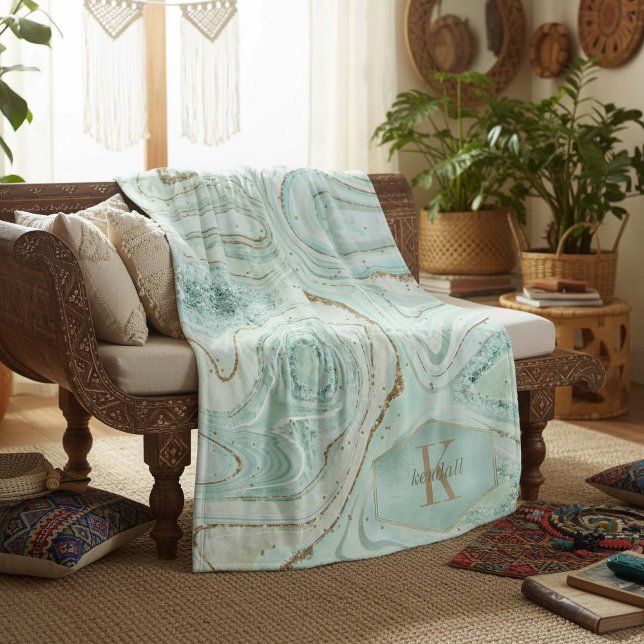 Abstract Agate Monogram Mint ID827 Fleece Blanket (Creator Uploaded)