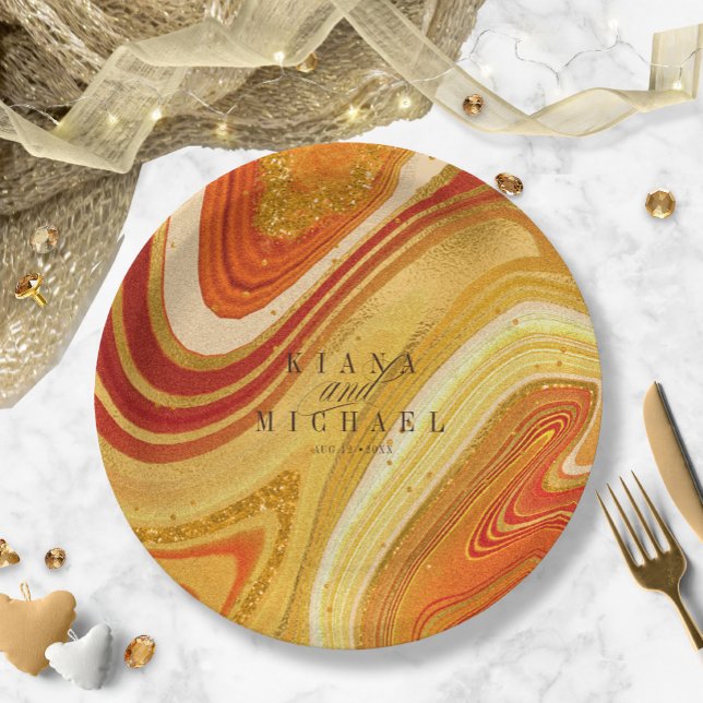 Abstract Agate Wedding Hot Orange ID827 Paper Plate (Creator Uploaded)