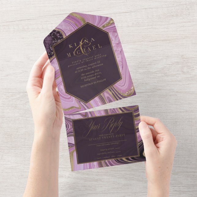 Abstract Agate Wedding Mauve ID827 All In One Invitation (Tearaway)