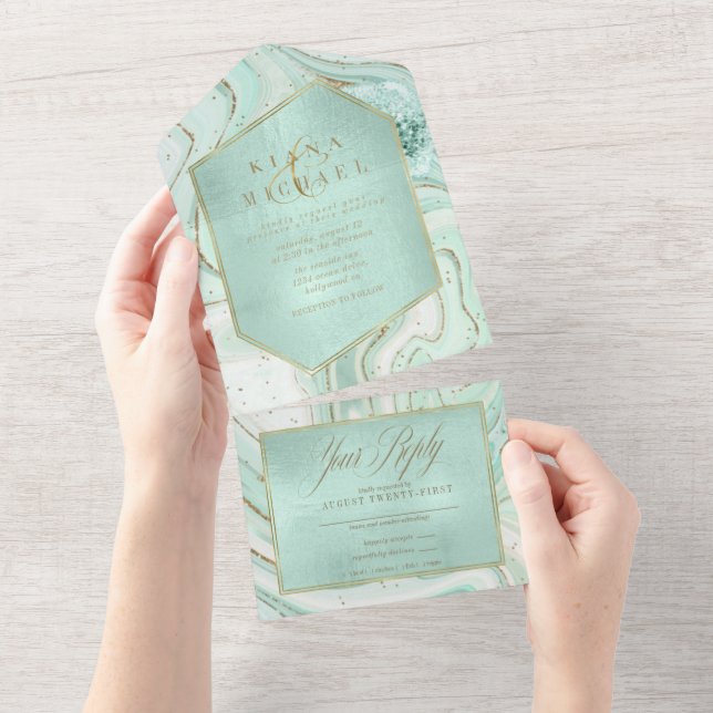 Abstract Agate Wedding Mint Green ID827 All In One Invitation (Tearaway)