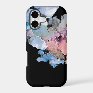 Abstract alcohol ink ART blue pink gold Black