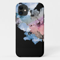 Abstract alcohol ink ART blue pink gold Black