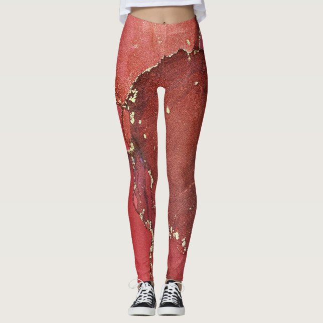 Abstract Alcohol Ink Art Bright Red and Gold Leggings (Front)