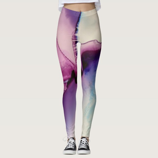 Abstract Alcohol Ink Art Pink Purple Blue White Leggings (Front)