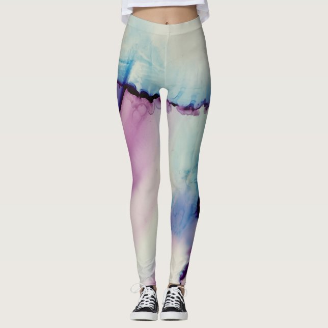 Abstract Alcohol Ink Art Pink Purple Blue White Leggings (Front)
