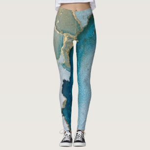Abstract Alcohol Ink Art Rich Teal & Gold Leggings