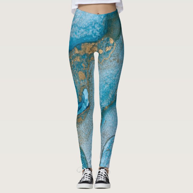 Abstract Alcohol Ink Art Rich Teal & Gold Leggings (Front)