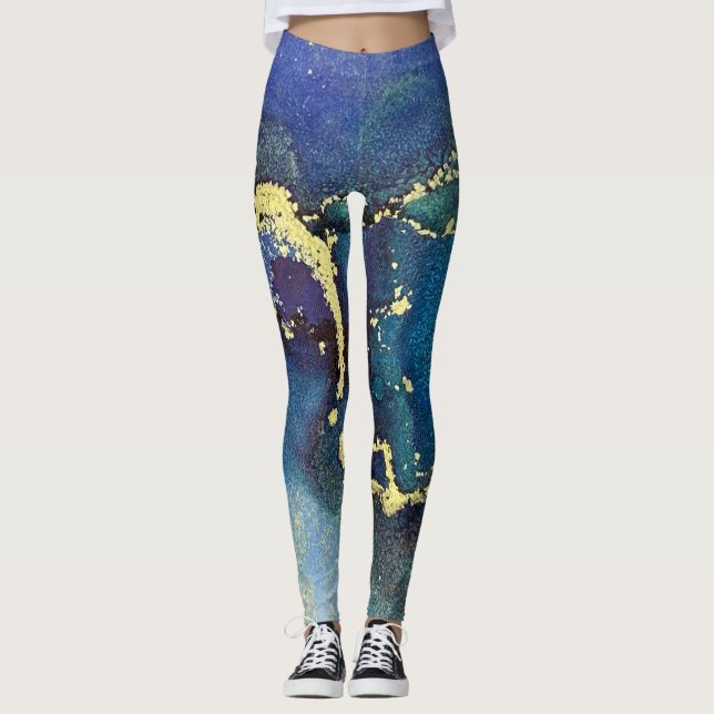 Abstract Alcohol Ink Blue Gold Aqua Purple Leggings (Front)