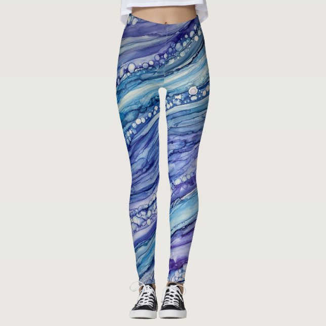Abstract Alcohol Ink Liquid Art Blue Purple Leggings (Front)