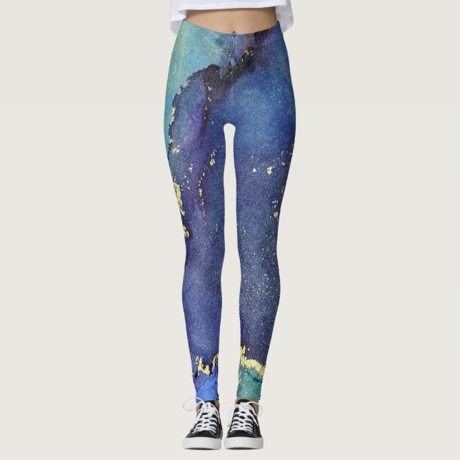Abstract Alcohol Ink Rich Blue Gold Aqua Leggings (Front)