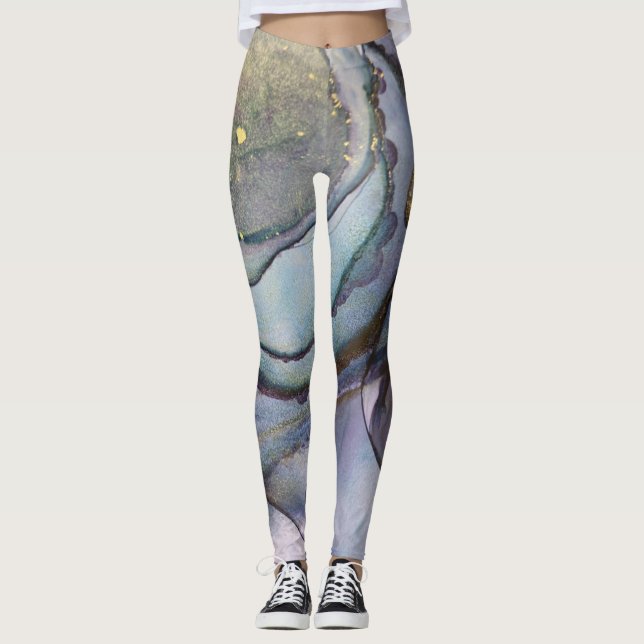 Abstract Alcohol Ink Shimmery Purple Teal Gold Leggings (Front)