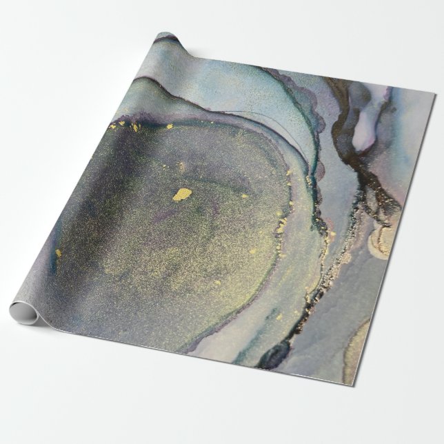 Abstract Alcohol Ink Shimmery Purple Teal Gold Wrapping Paper (Unrolled)