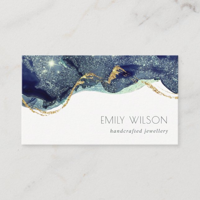 Abstract Alcohol Ink Silver Navy Blue Glitter Business Card (Front)
