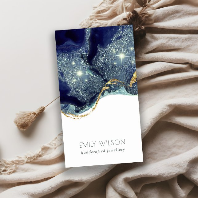 Abstract Alcohol Ink Silver Navy Blue Glitter Business Card (Creator Uploaded)