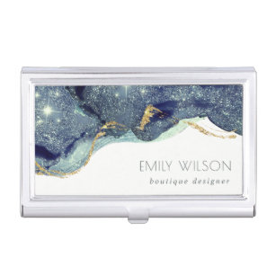 Abstract Alcohol Ink Silver Navy Blue Glitter Business Card Holder