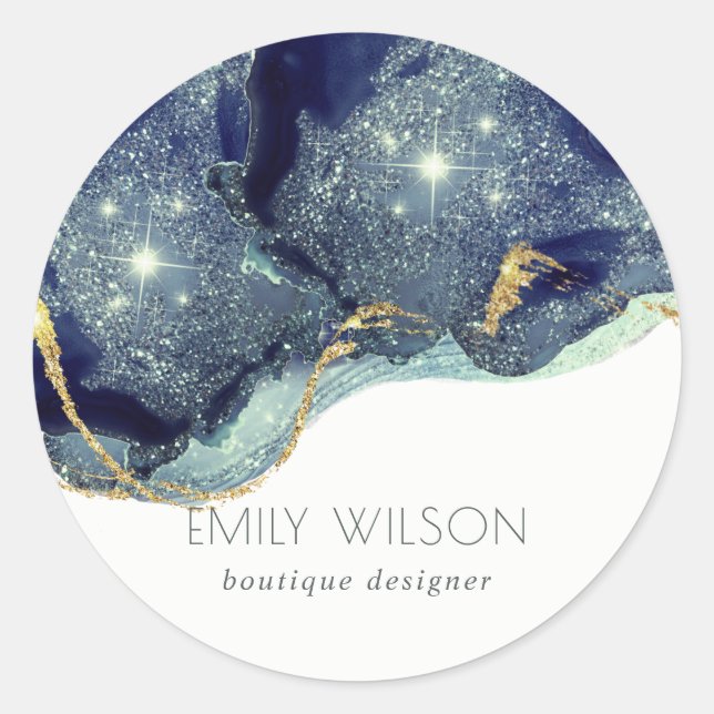 Abstract Alcohol Ink Silver Navy Blue Glitter Pape Classic Round Sticker (Front)