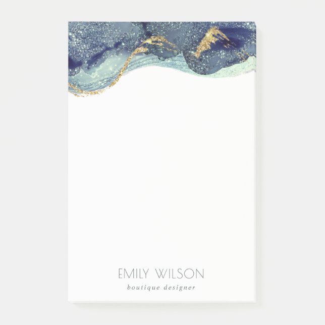 Abstract Alcohol Ink Silver Navy Blue Glitter Post-it Notes (Front)