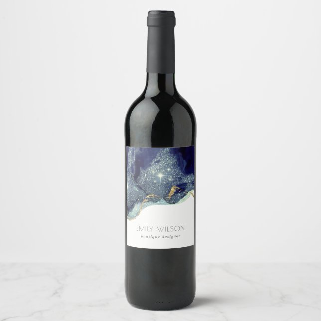 Abstract Alcohol Ink Silver Navy Blue Glitter Wine Label (Front)