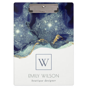 Abstract Alcohol Ink Silver Navy Glitter Monogram Clipboard