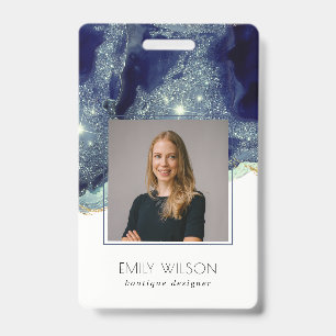 Abstract Alcohol Ink Silver Navy  Glitter Photo Badge