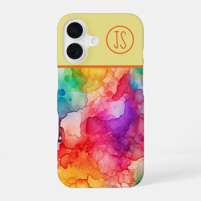 Abstract Alcohol Ink Style Rainbow Monogrammed iPhone 16 Case (Back)