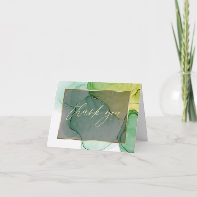 Abstract Alcohol Ink Vibrant Greens and Golds Thank You Card (Front)