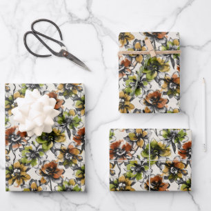 Abstract Alcohol Wash Pen and Ink Flowers Wrapping Paper Sheet