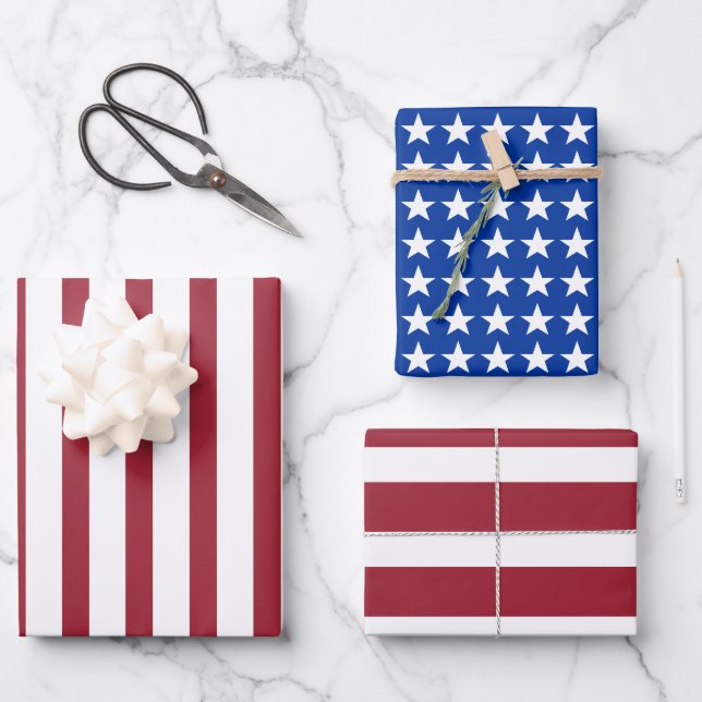Abstract America Flag Red White Blue Stars Stripes Wrapping Paper Sheet (Front)