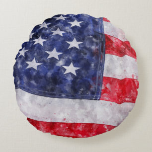 Abstract American Flag, Watercolor Style. Round Pillow