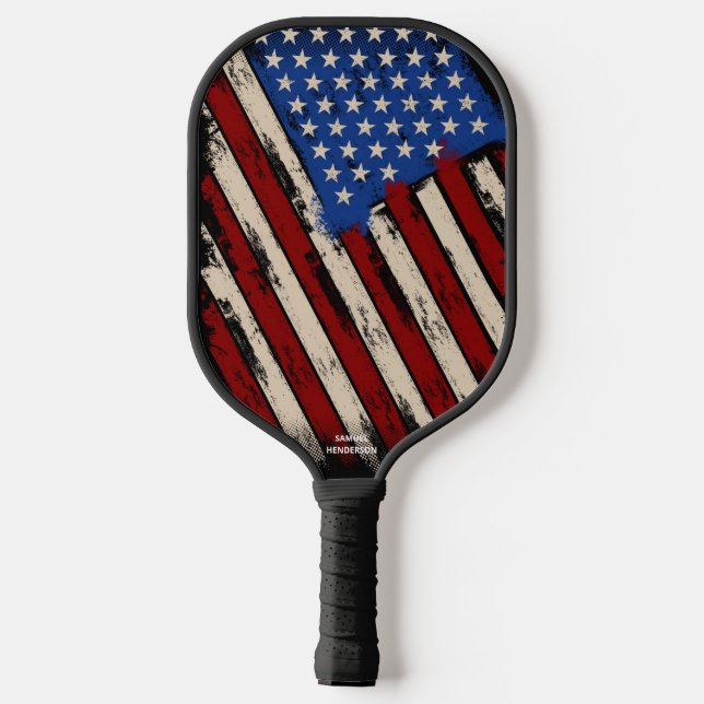 Abstract American USA Flag, Custom Text Name Pickleball Paddle (Back)