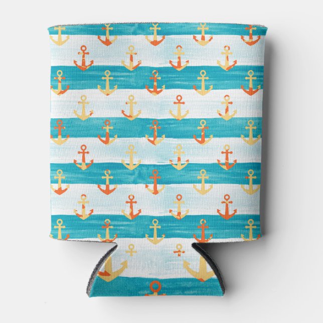 Abstract anchors: watercolor stripe pattern. can cooler (Front)