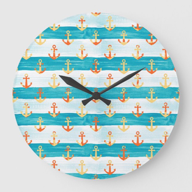 Abstract anchors: watercolor stripe pattern. large clock (Front)