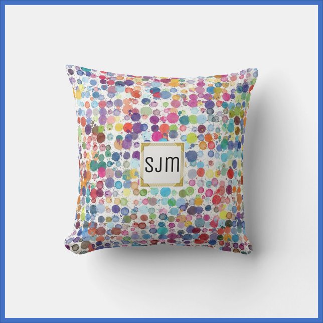 Abstract and Colorful Paint Splatter Monogram Throw Pillow (Creator Uploaded)