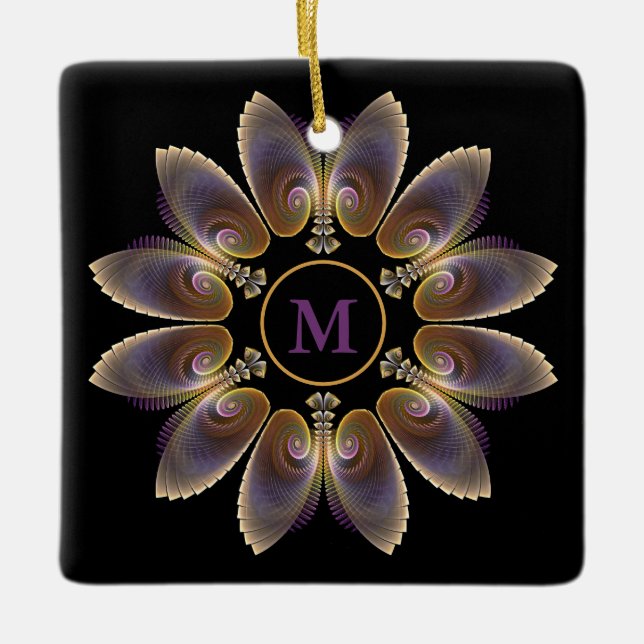 Abstract Angel Wings Mandala Fractal Monogram Ceramic Ornament (Front)
