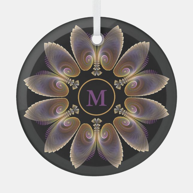 Abstract Angel Wings Mandala Fractal Monogram Glass Ornament (Front)