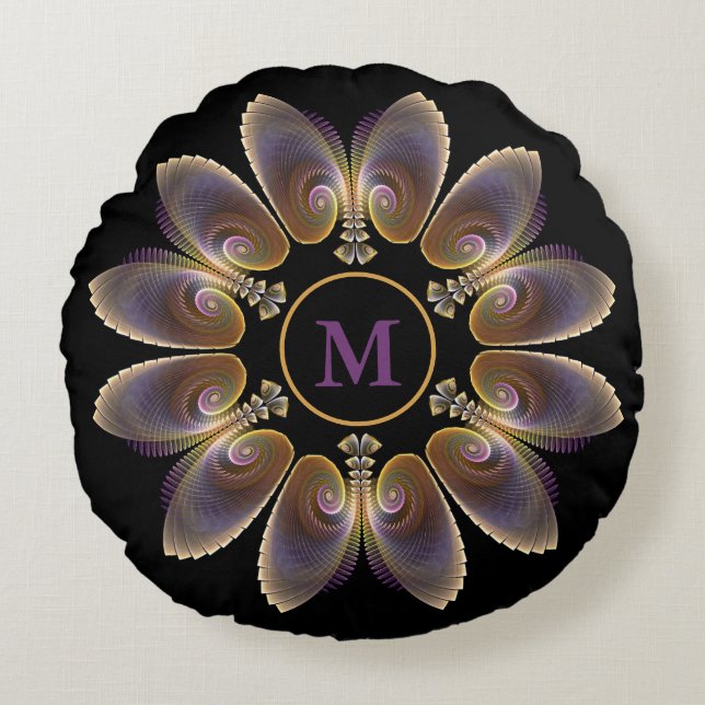 Abstract Angel Wings Mandala Fractal Monogram Round Pillow (Front)